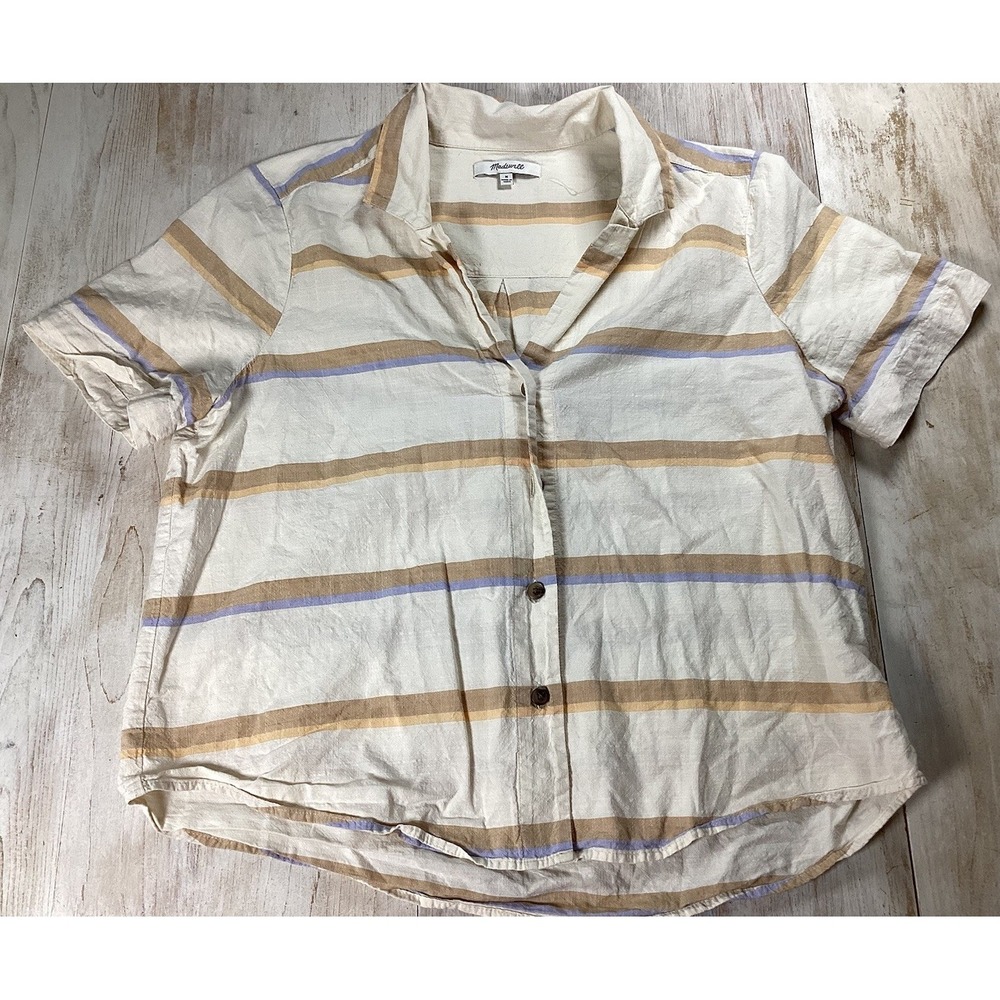 Madewell Button Up Tan Stripe Shirt Cotton Women's Medium Beach